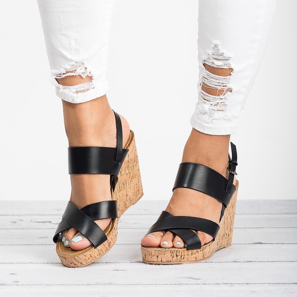 Criss Cross Black Cork Heel Wedges - Picture 2 of 2